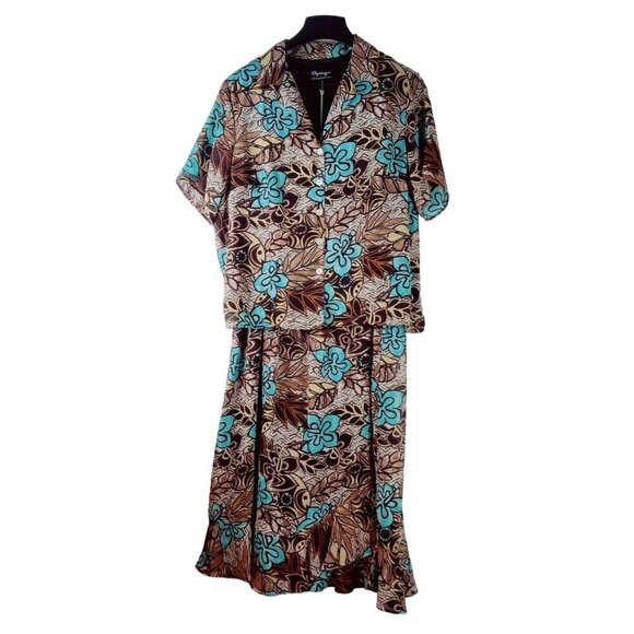 Skirt Set Floral Blue Brown Midi Short Sleeve 18W Spago Collection Career - Picture 12 of 12